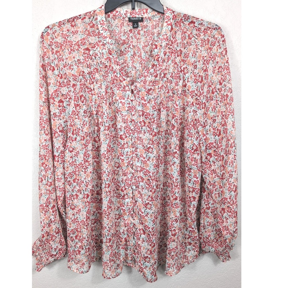 Torrid Floral Chiffon Button Front Blouse Red Pink Lurex Pintuck Size 1 Boho 1X